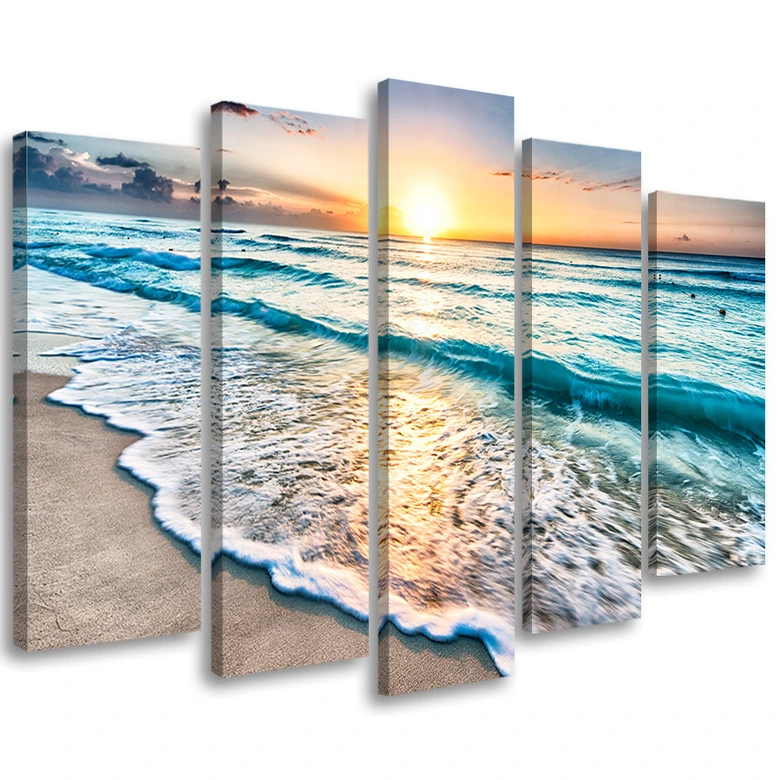 Leinwandbild 5 teilig, Meer Strand Wasser Sonnenuntergang 