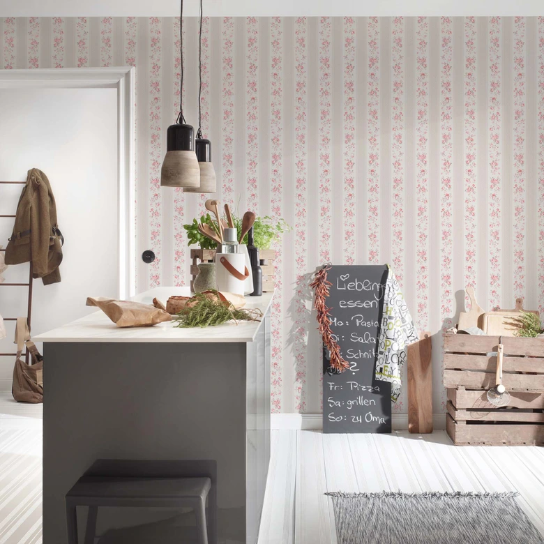 Papier peint Floral beige blanc - papier peint intissé maison de campagne A.S. Création - mat et légèrement structuré 