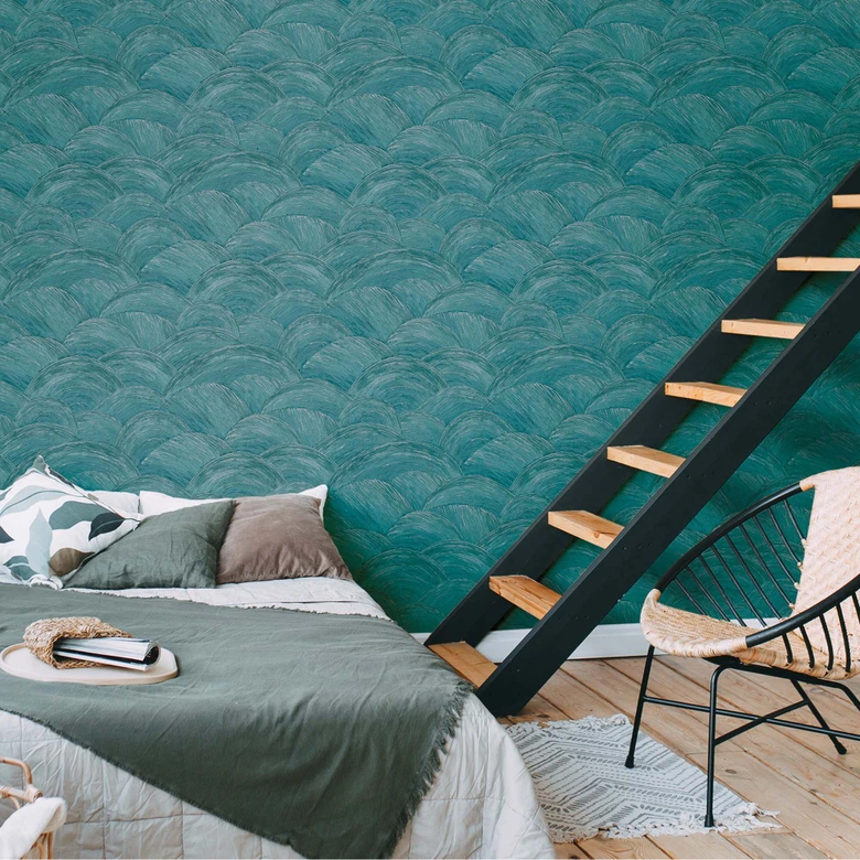 Papier peint design vagues bleu, argent - papier peint intissé moderne pour chambre à coucher, couloir, salon 