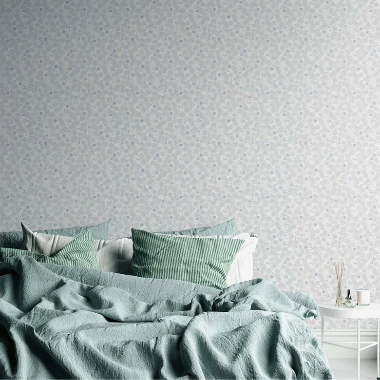 Papier peint fleuri vintage style maison de campagne Papier peint intissé feuilles fleurs scandinaves bleu, blanc, gris 