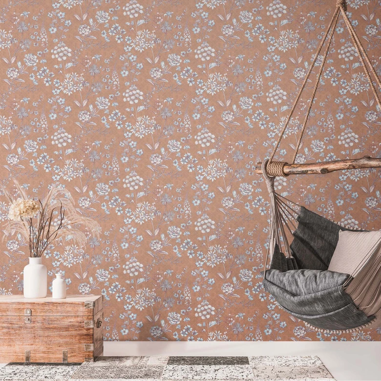Vintage Tapete Landhaus Pflanzen Vliestapete Orange Grau - Mustertapete Blumen, Blätter 