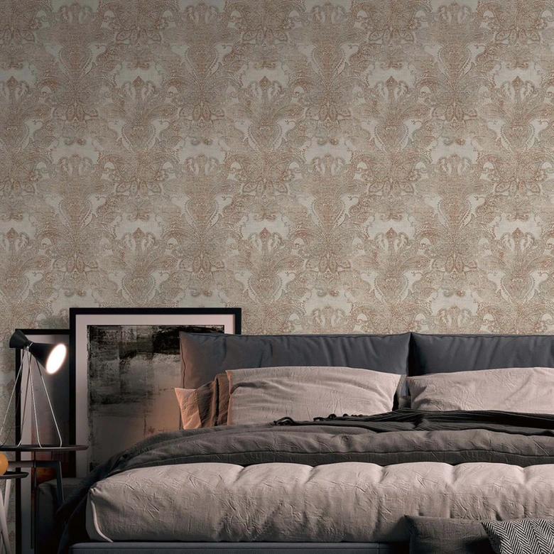 Vintage Barock Tapete Beige, Grau, Rotbraun - Vliestapete mit Ornamenten 