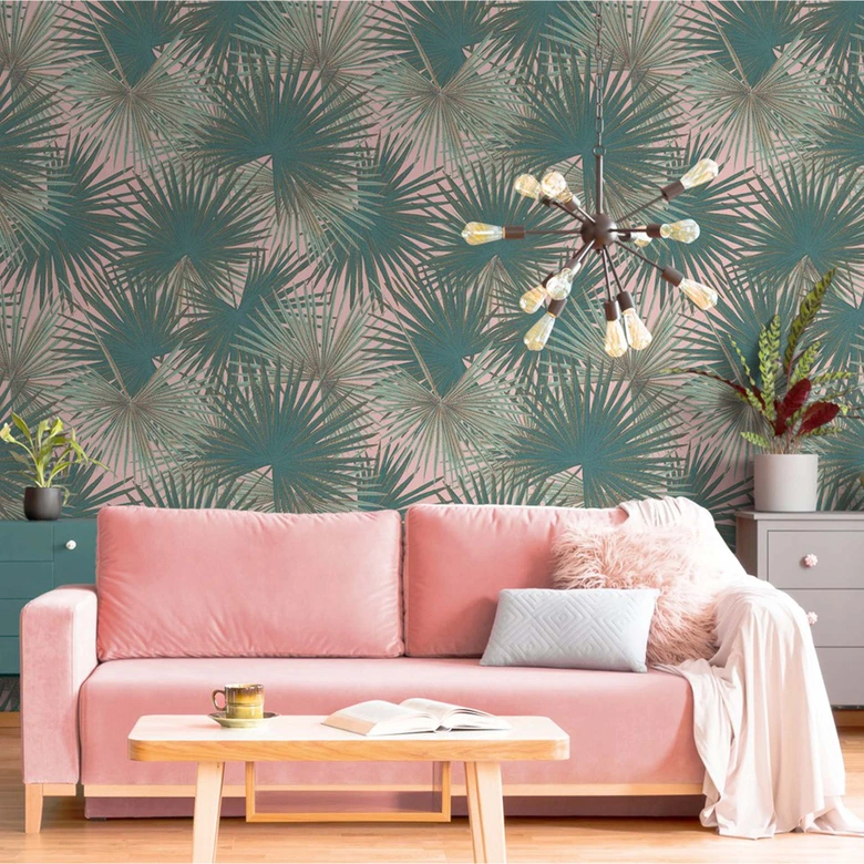 Papier peint photo Jungle Vert Rose Feuilles Papier peint intissé Palmiers Salon 