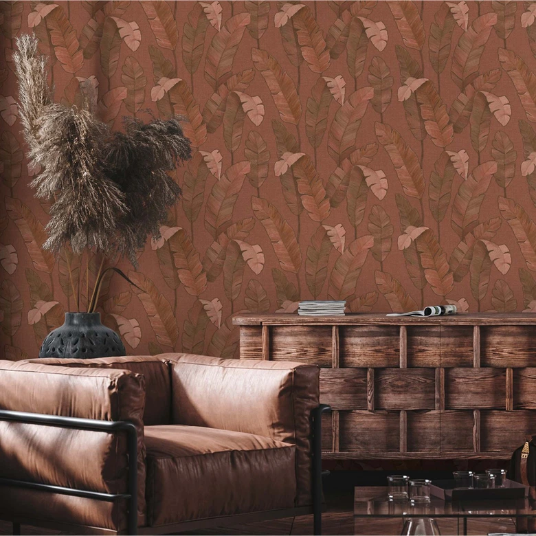 Papier peint Feuilles Rouge Jungle Papier peint intissé Palmiers Nature pour chambre, cuisine 