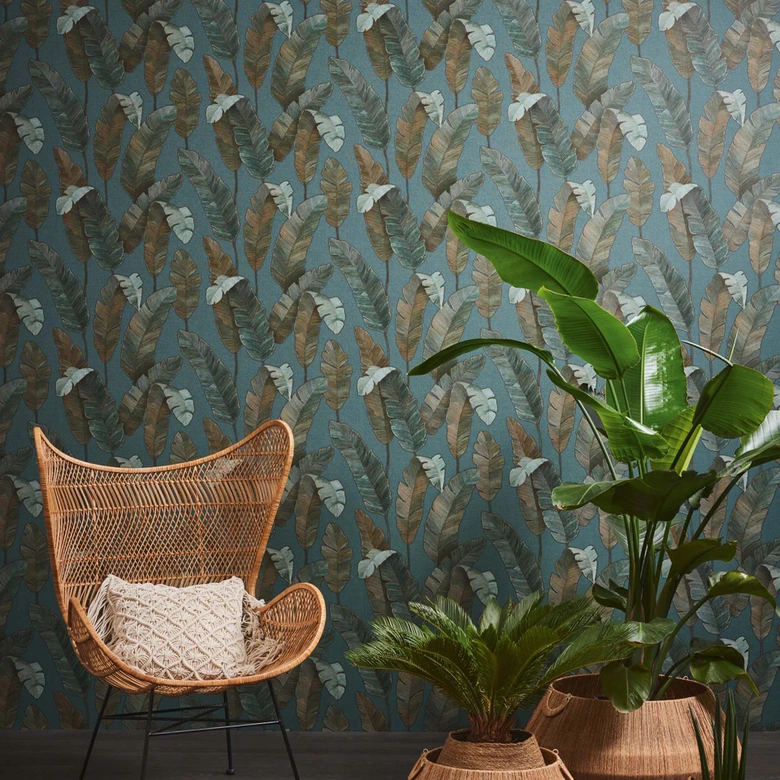 Papier peint jungle pétrole bleu Papier peint intissé palmiers feuilles Papier peint à motifs salon 