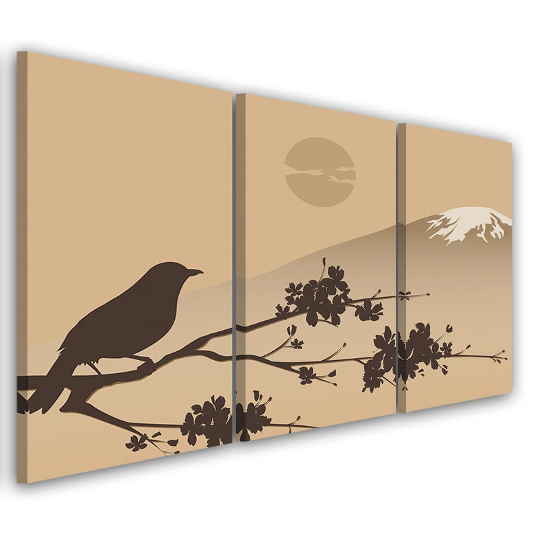 Leinwandbild 3-teilig, Japan Fuji Vogel Beige 
