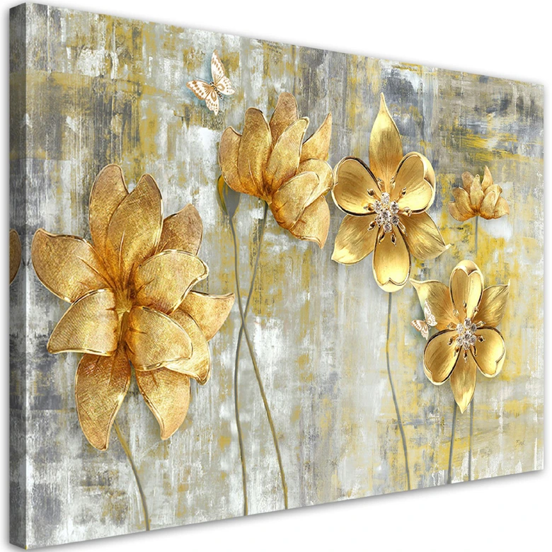 Leinwandbild, Goldene Blumen und Schmetterlinge 