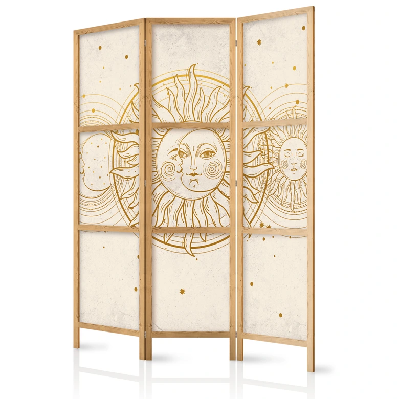 Japanischer Paravent, Raumteiler freistehend, Trennwand - Golden Sun and Moon: Artistic Retro 
