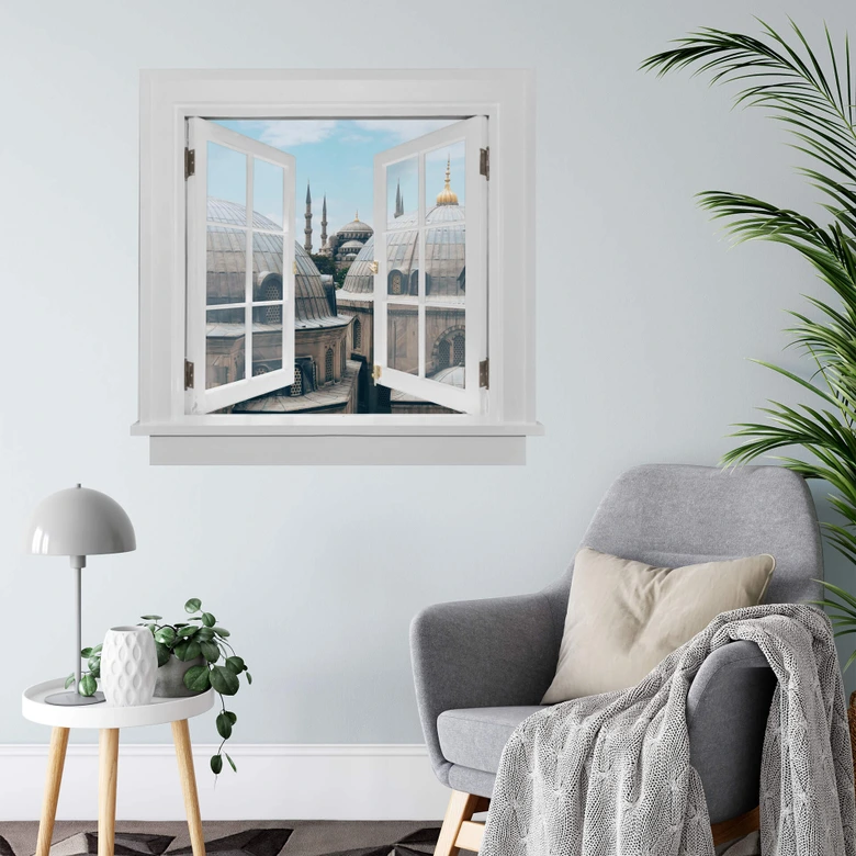 3D Wandtattoo Fenster quadratisch - Über den Dächern von Istanbul 