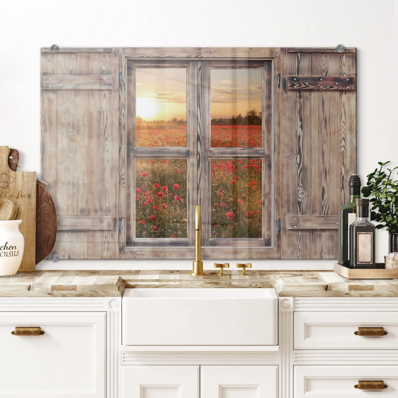 Spritzschutz 3D Holzfenster - Mohnblumen im Sonnenuntergang 