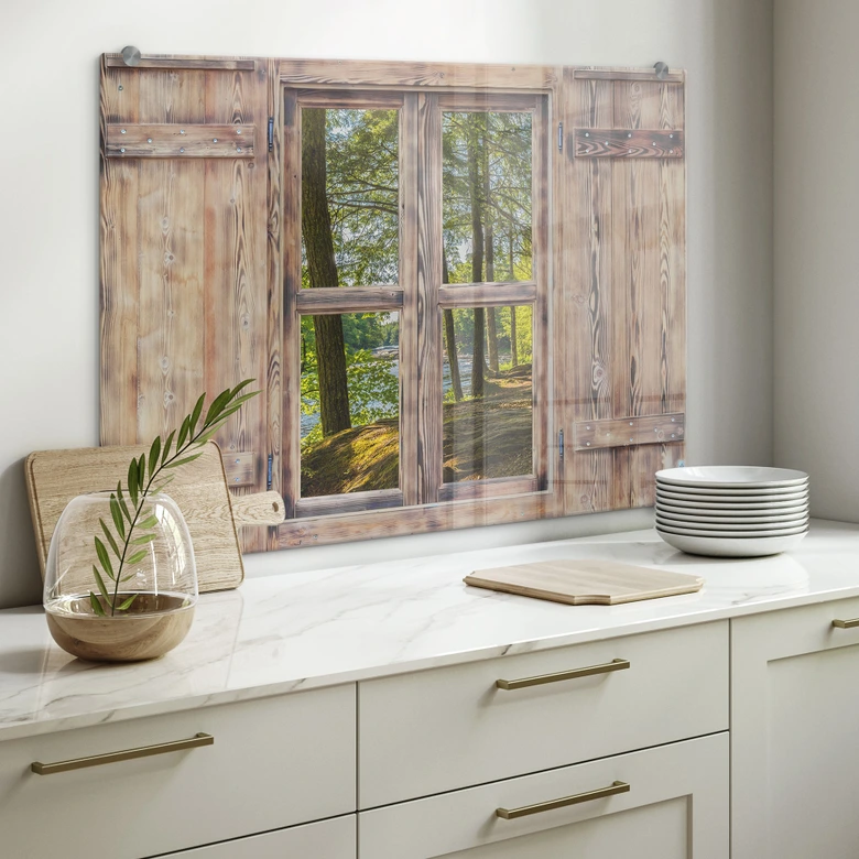 Spritzschutz 3D Holzfenster - Waldweg am Fluss 