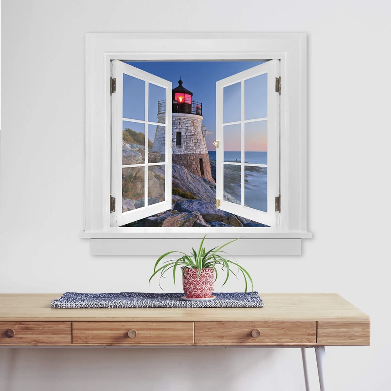 sticker mural 3D fenêtre carrée - vue sur la mer 