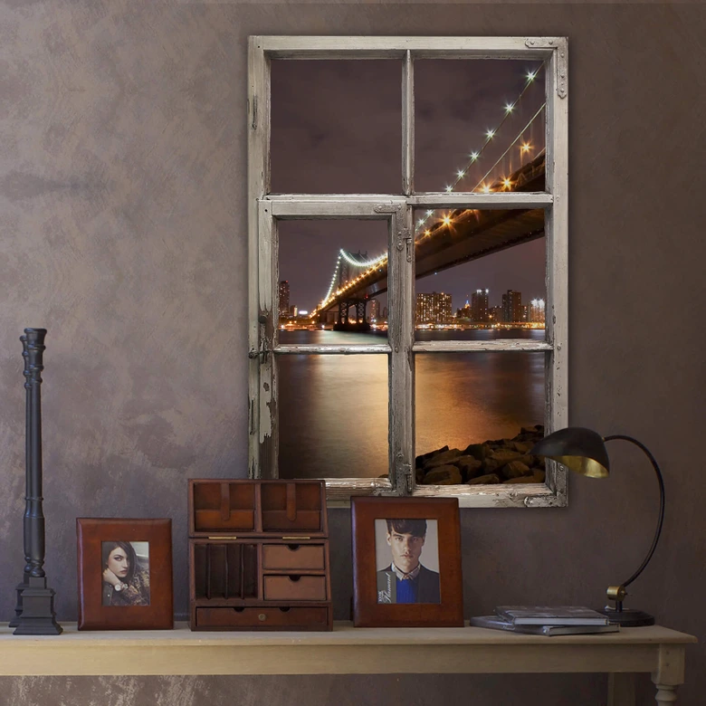 3D Wallsticker window shabby - Manhattan Bridge at Night 