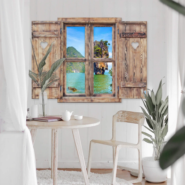 3D Wandtattoo Holzfenster mit Herz - Khao Ta Pu Island 