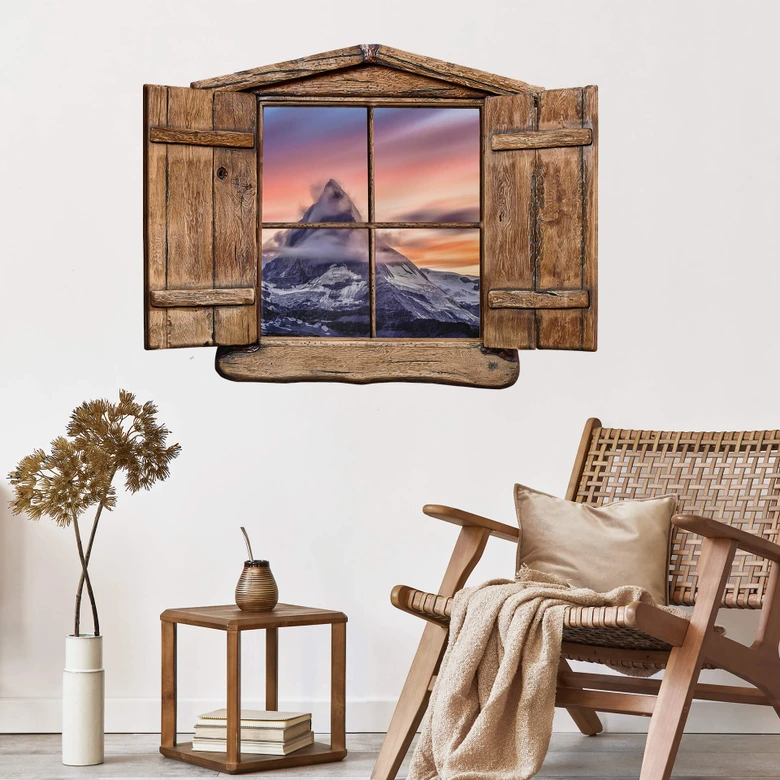 3D Wallsticker trævindue - Toppen af bjerget 
