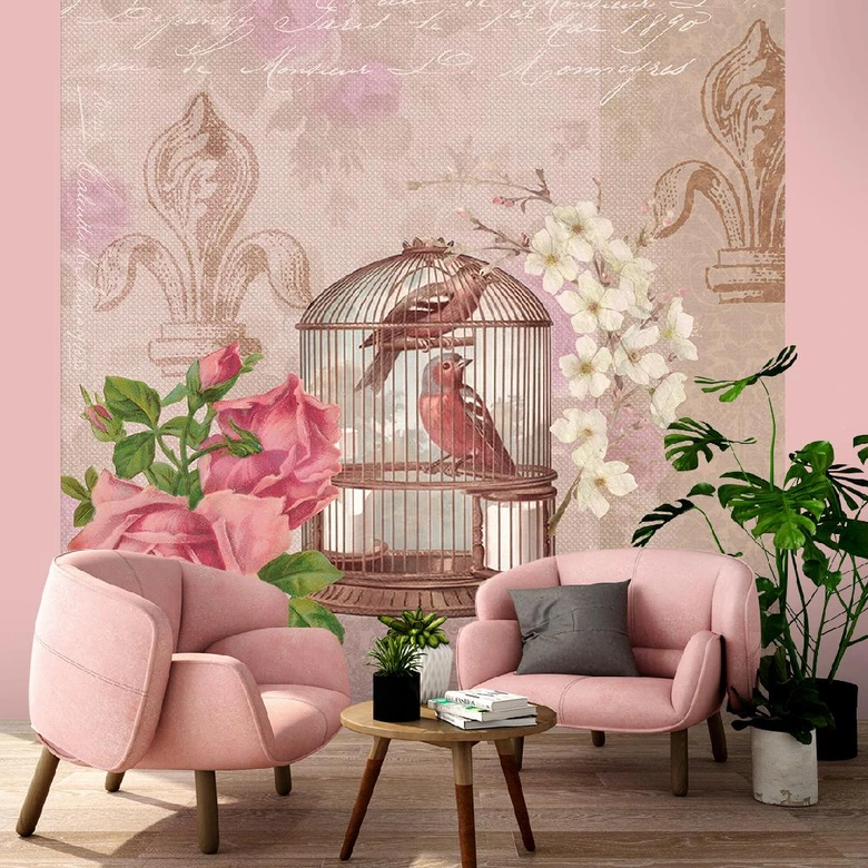 Fototapete, Shabby Chic Stil Blumen Vögel rosa Hintergrund - Andrea Haase 
