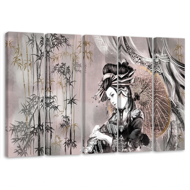 Leinwandbild 5 teilig, Geisha und Bambus 