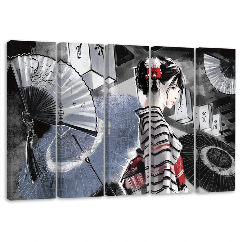 Leinwandbild 5 teilig, Geisha mit einem Fan 