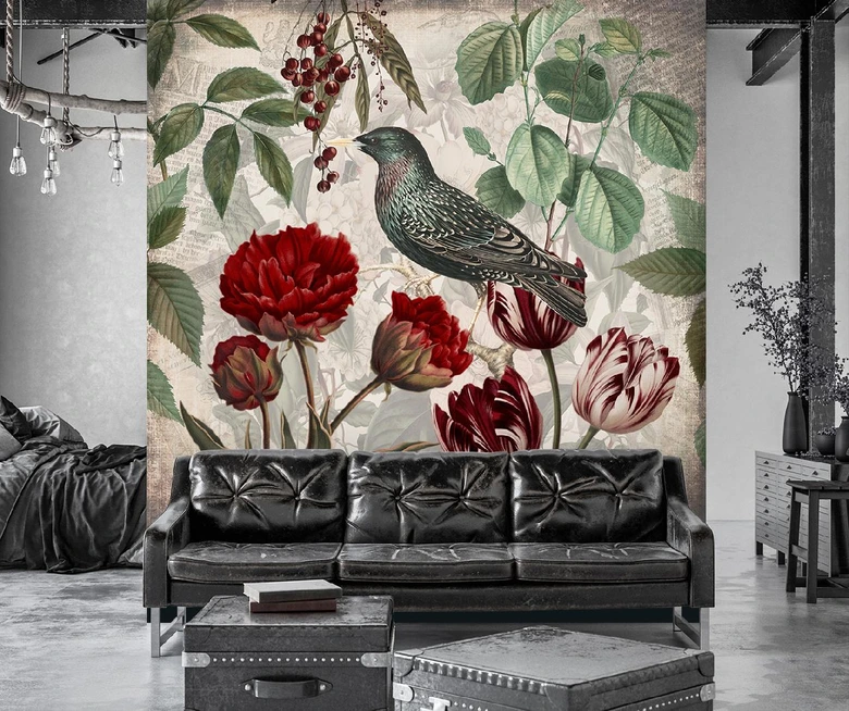 Fototapete, Shabby Chic Vogel Pflanzen Natur - Andrea Haase 