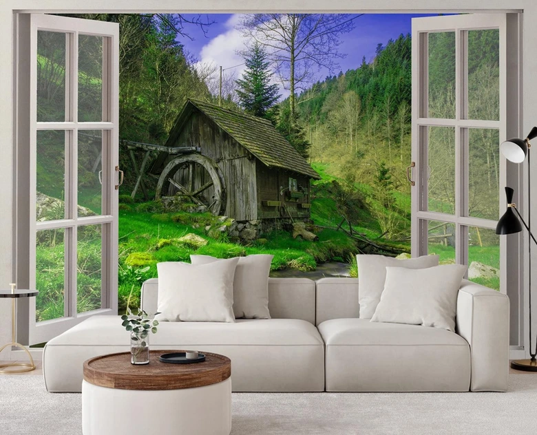Fototapete Fenster - Blick auf eine Hütte im Wald 