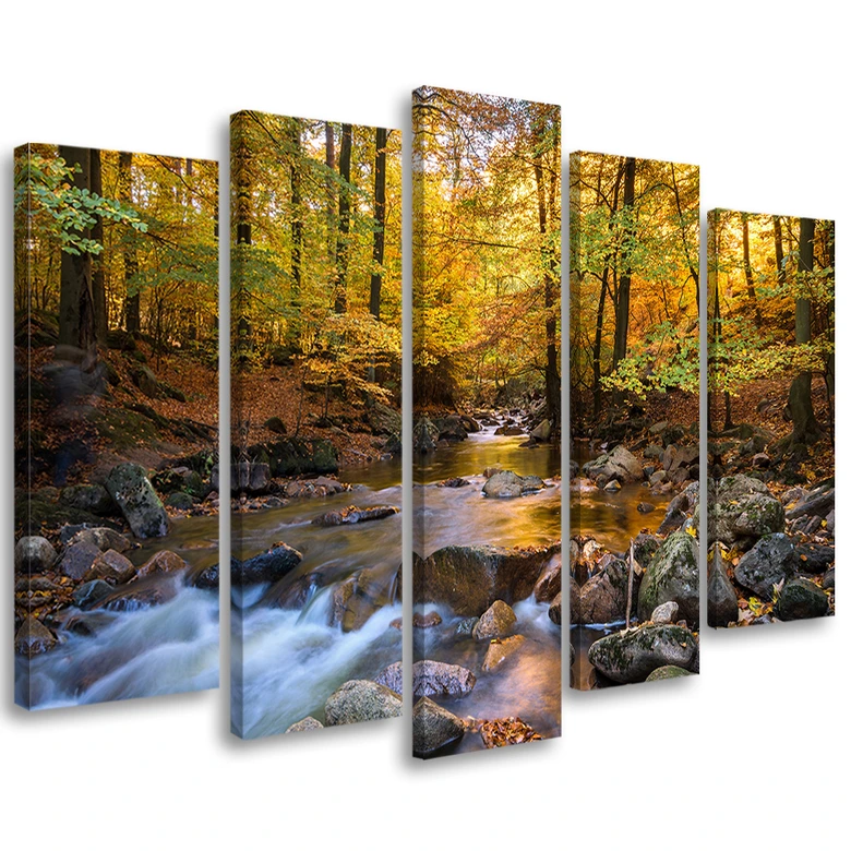 Leinwandbild 5 teilig, Wald Herbst Bach Natur 