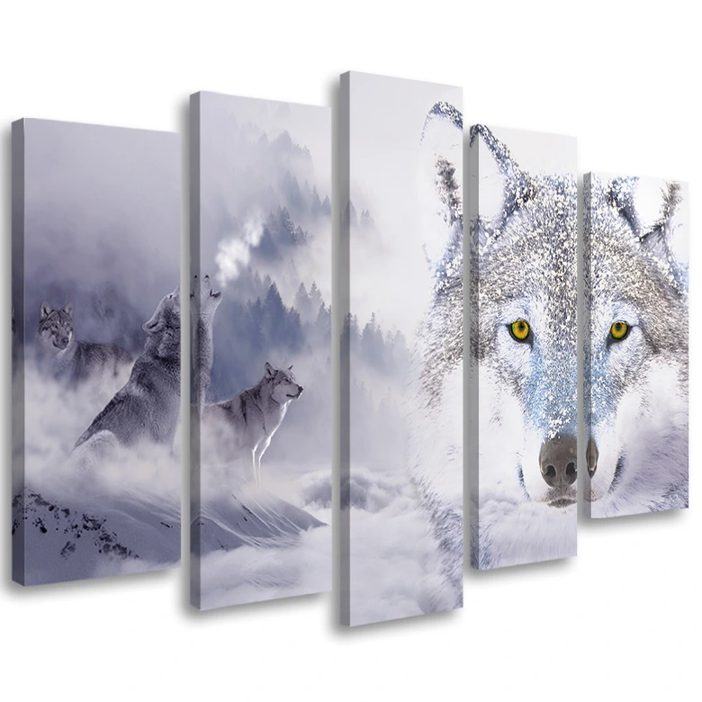 Wandbild 5-teilig, Wolf Wald Nebel Natur Grau 