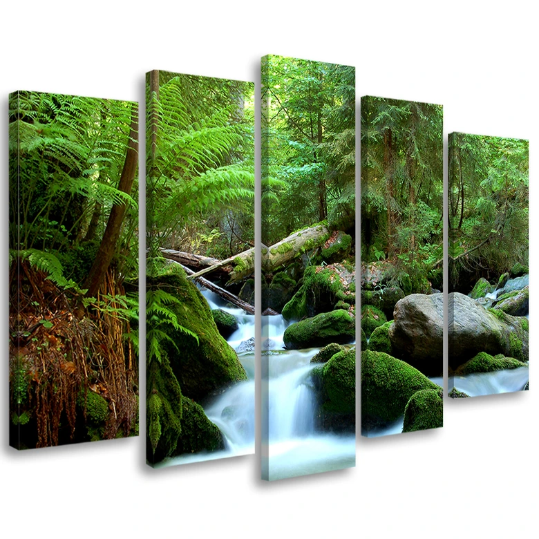 Leinwandbild 5 teilig, Wald Felsen Wasserfall 