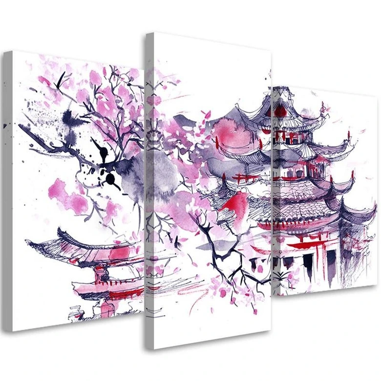 Leinwandbild 3-teilig, Pagode Kirschbaum Japan Gemalt 