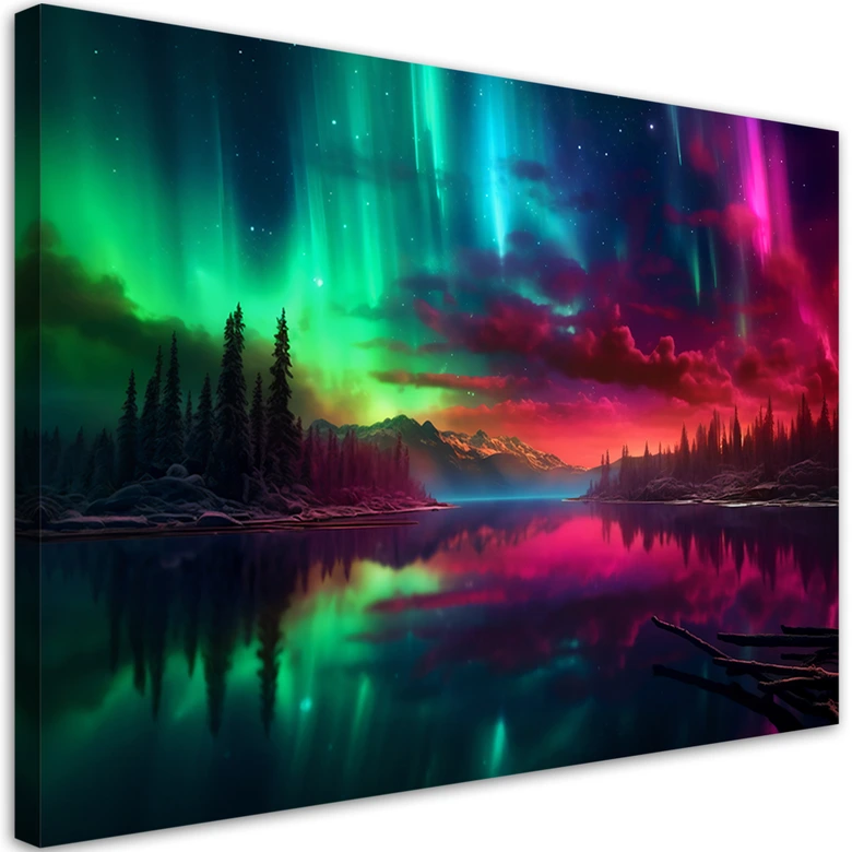 Leinwandbild, Aurora borealis vor einem Berghintergrund 