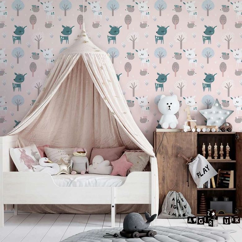 Kindertapete, Vliestapete mit Illustration Kids Walls rosa, weiß 