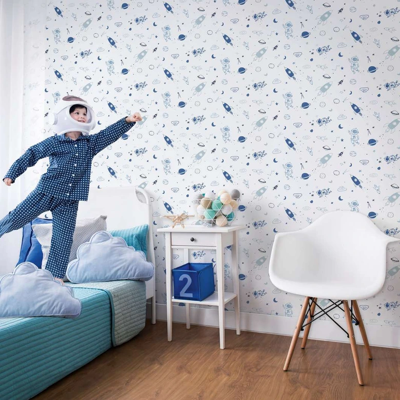Kindertapete, Vliestapete mit Illustration Kids Walls weiß, blau 