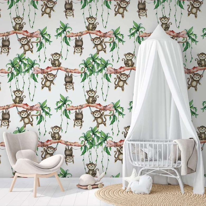 Børnetapet, non-woven tapet med illustration Kids Walls hvid, grøn 