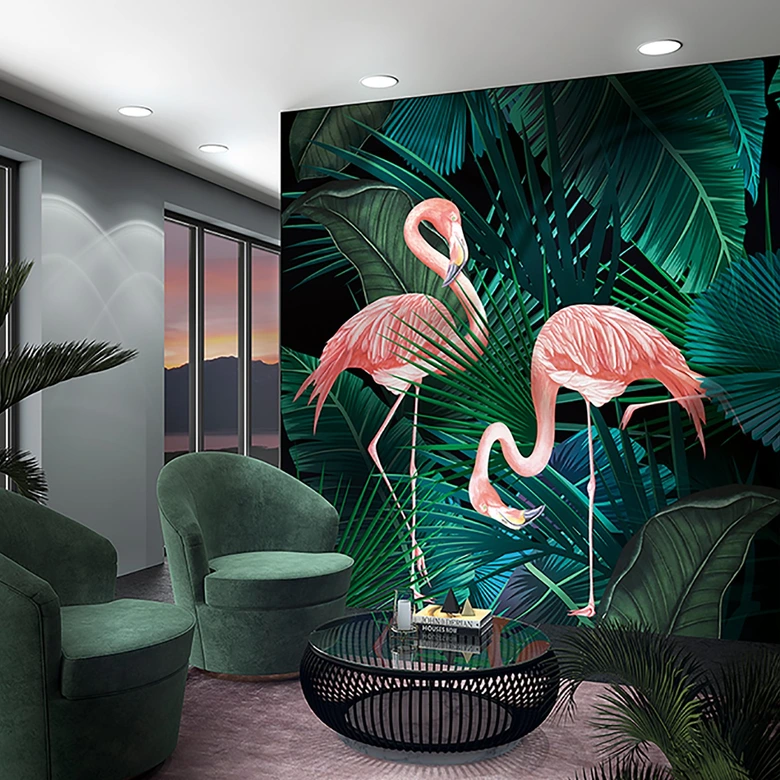 Fototapete mit Flamingos und Pflanzen, Rosa Illustration - 2,70 x 2,65 m 