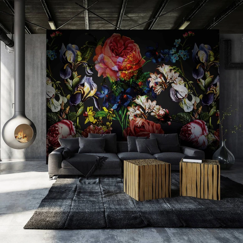 Fototapete mit Blumenmotiven, Schwarz Floral 2.70 x 2.65 m 