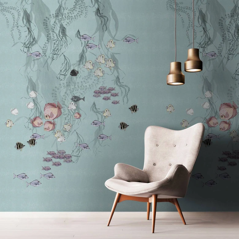 Fototapete mit Fischen, Grün Illustration 2.70 x 2.12 m 