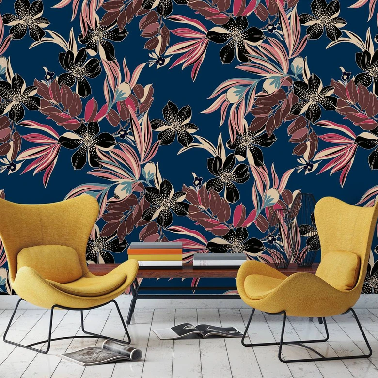 Fototapete mit abstraktem Blumenmotiven, Blau Floral 2.70 x 2.12 m 