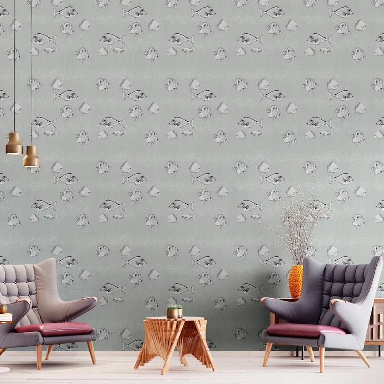 Fototapete mit Fischen, Grau Illustration 3.40 x 1.59 m 