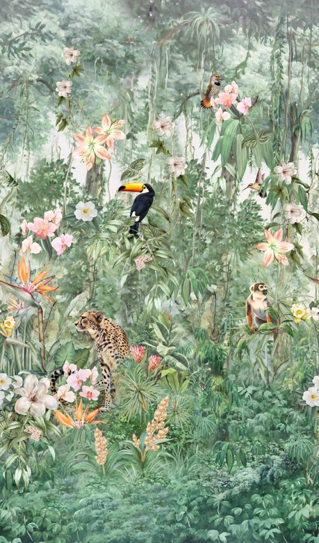 Fotobehang met motief jungle dieren en bloemen met toekan aquarel 2,7 x 1,59 m 