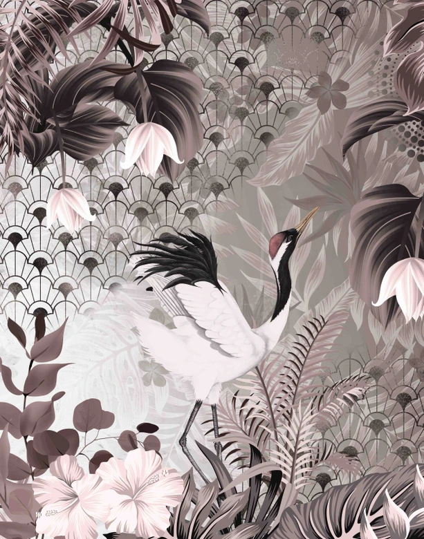 Fotobehang Crane met art deco monster en bloemen in grijs zwart 2,7 x 2,12 m 