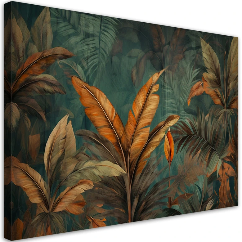 Canvas Schilderij, Tropische bladeren en bloemen 