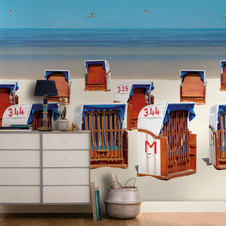 Fototapete mit Strandkörben am Meer Beige, Blau ,Illustration 2,70 x 1,59 m 