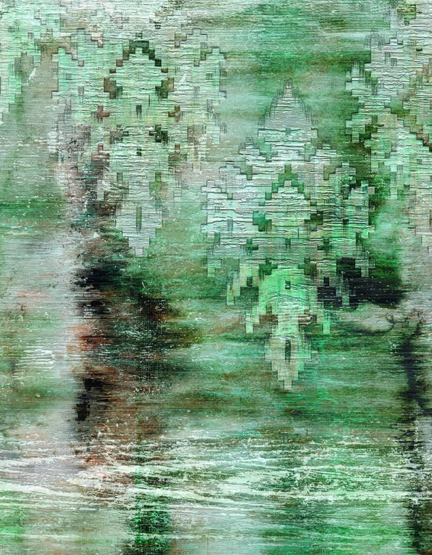 Papier peint photo motif forêt de bouleaux abstraite vert/gris structuré 3,4 x 2,65 m 