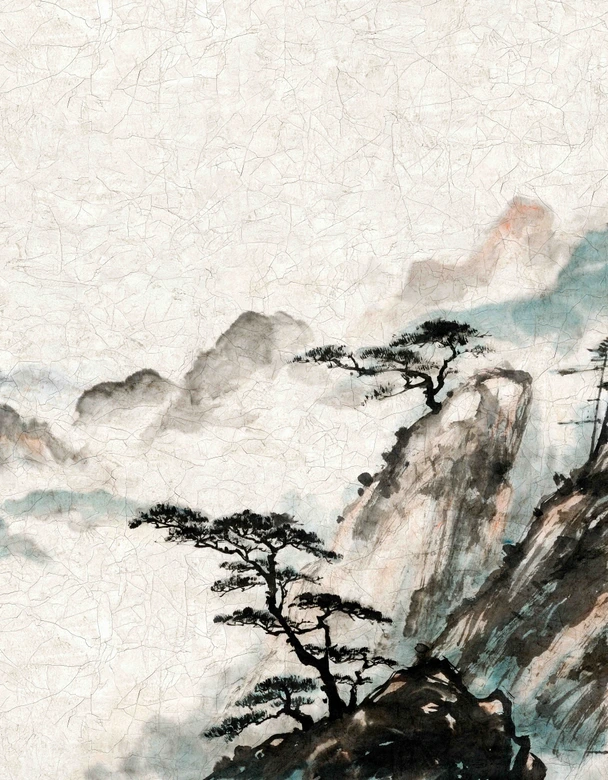 Fototapete Motivtapete Nebelberge im Morgenlicht mit Pinien Silhouette im Japan-Stil 3,4 x 2,65 m 