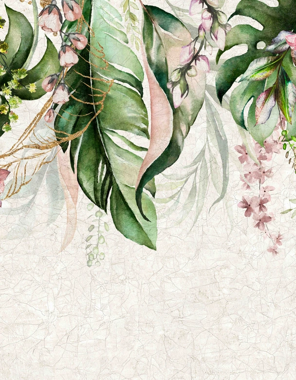 Aquarel jungle bladeren met delicate bloesems Fotobehang 3.4 x 2.65 m 