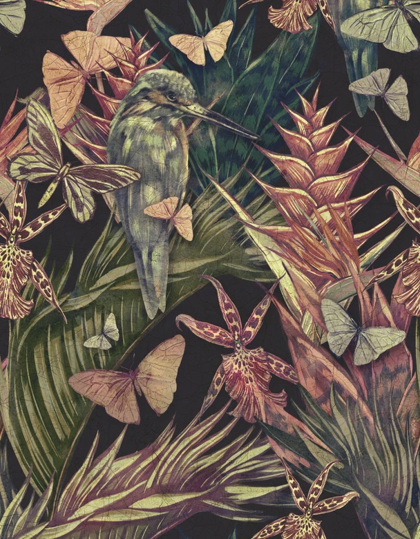 Fototapete Motivtapete Reiher im Tropen-Dschungel mit Schmetterlingen und Orchidee 3,4 x 2,65 m 