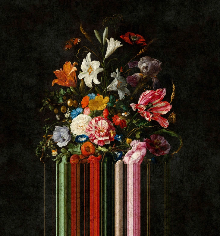 Fotomural Barroco bodegón ramo de flores sobre fondo oscuro 3,4 x 3,18 m 