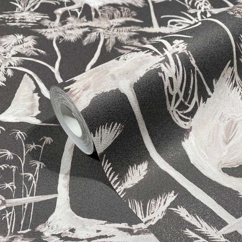 Vliestapete mit Schwänen und Pflanzen schwarz, grau Floral 