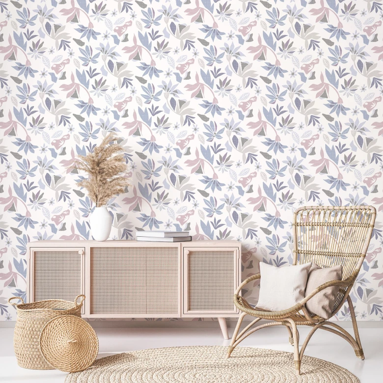 Behang, vlies bloemen behang Flora wit, paars 