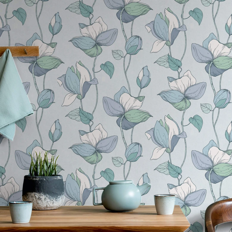 Vliestapete mit Comic-Blumen Look blau, grün Floral 