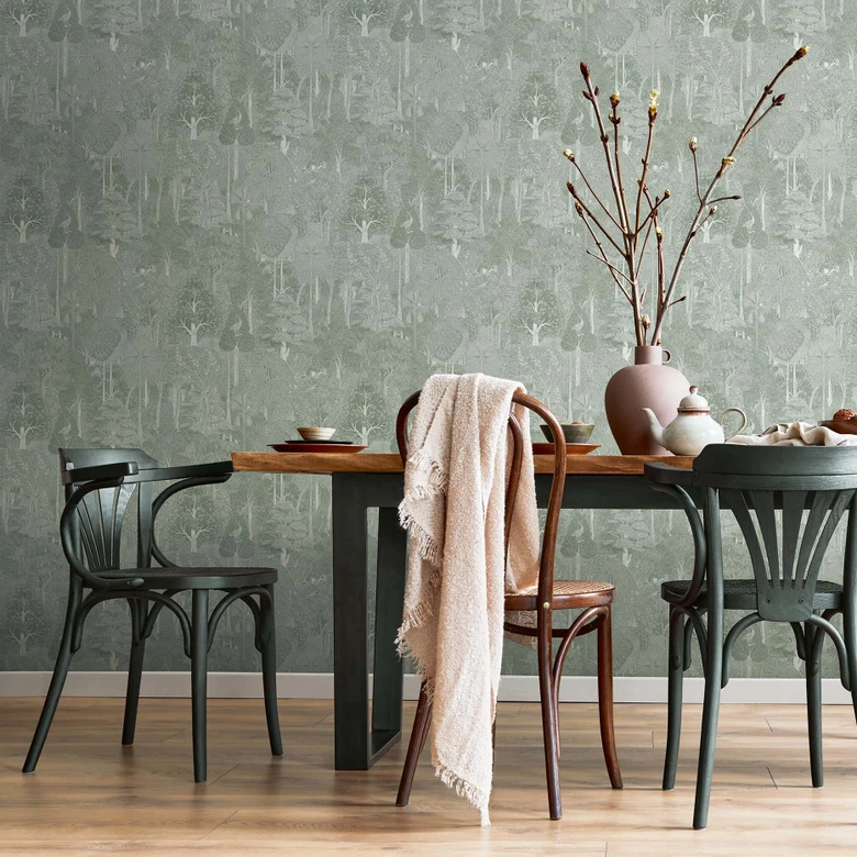 Papier peint intissé forêt, arbres floral nature en vert 